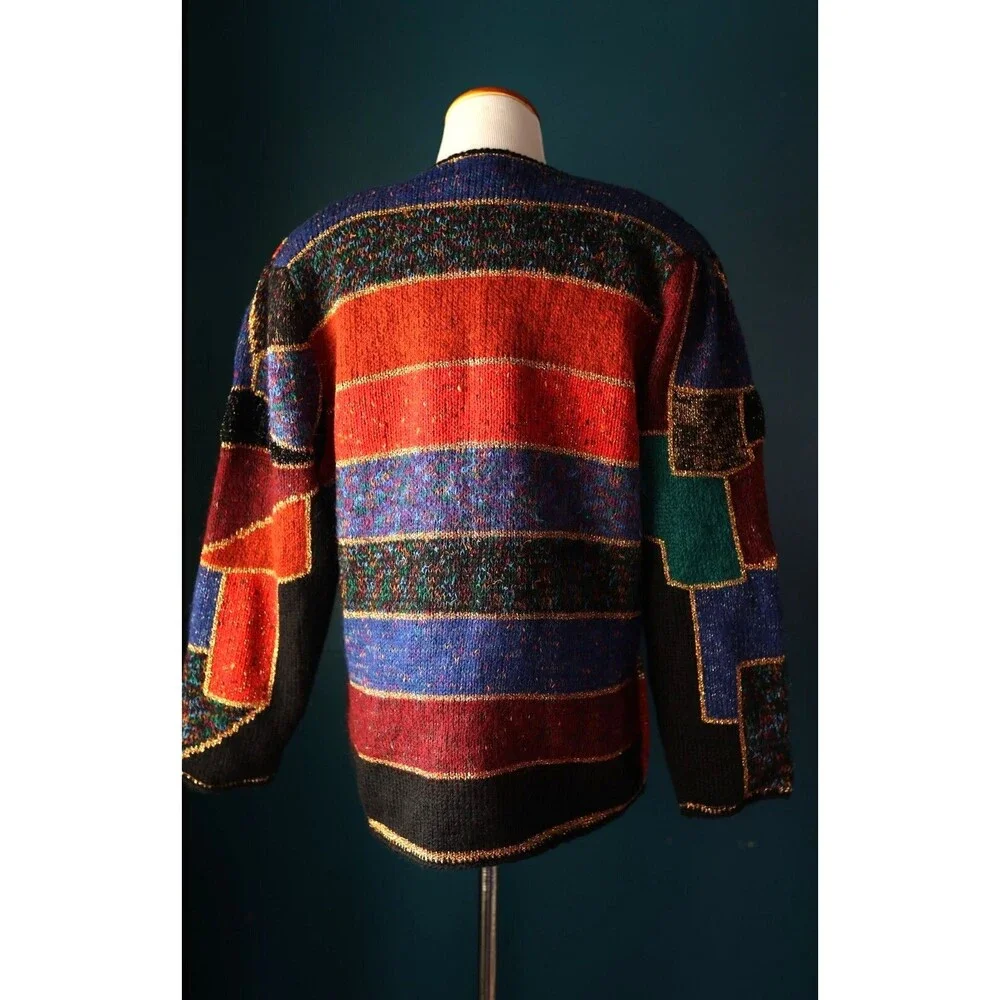 Vintage 80s Deadstock Career Fashion Color Block Mohair Metallic Funky Cardigan